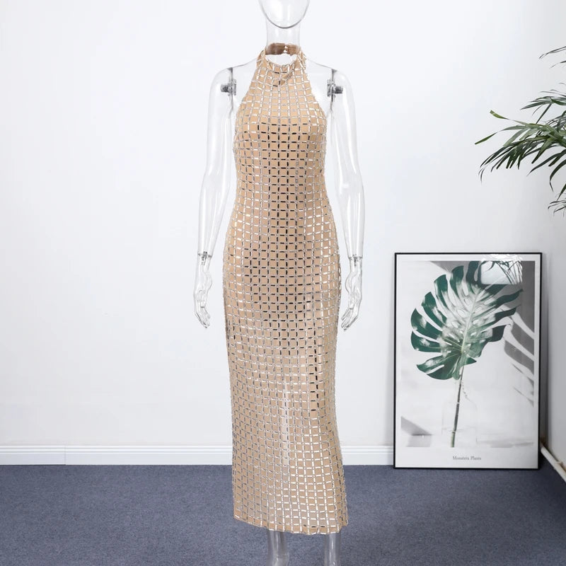 Luxury Diamonds Halter Long Dress Women Sexy Slim Sleeveless Backless Split Party Dresses 2026 Spring Summer Lady Evening Robes