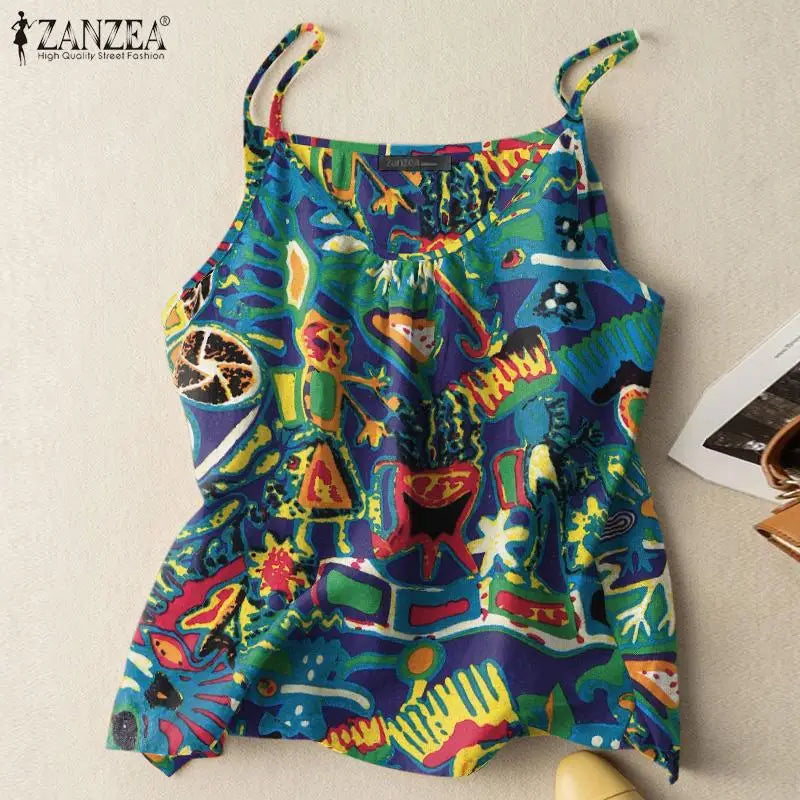 Bohemian Tanks Tops ZANZEA Summer Floral Camis Women Vintage Holiday Beach Blouse Casual Spaghetti Strap Tees Loose Blusas Mujer