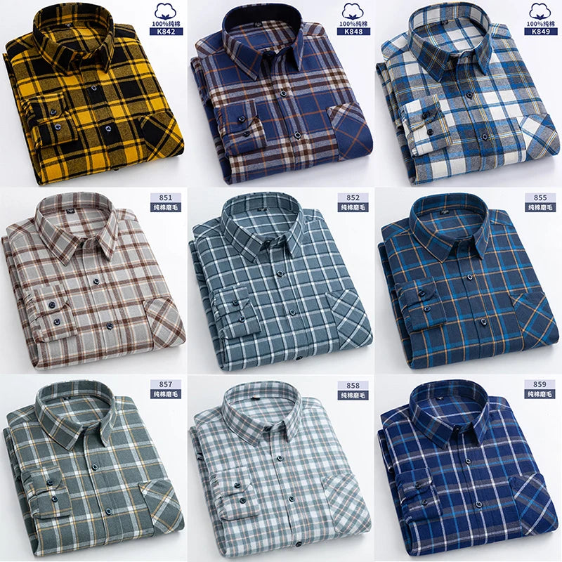 New Flannel Plaid Shirts For Man Winter Warm Cotton Long Sleeve Turn-down Collar Regular Fit Men's Clothing Casual Smart Shirts