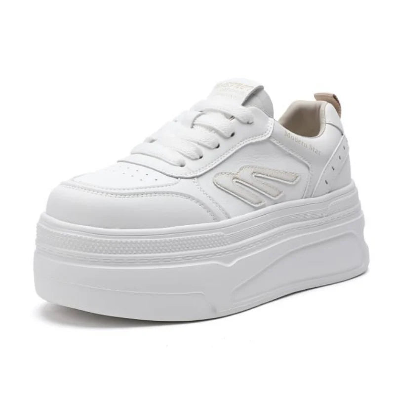7cm Genuine Leather Women Casual Shoes Chunky Sneakers Skateboard Vulcanize Lady Comfy White Platform Wedge Hidden Heel 33-39