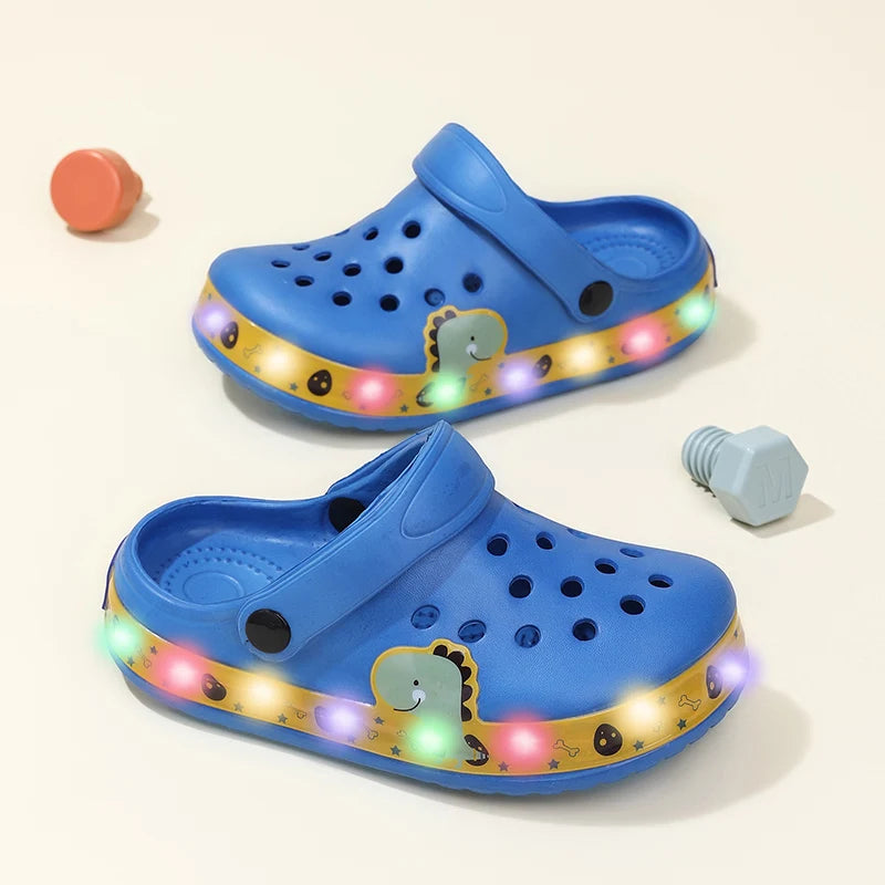Kids' Light-Up Clogs Fun Cartoon Dinosaur Design Comfortable Slip-On Shoes with Glowing Soles Boy Clogs Summer Sandals