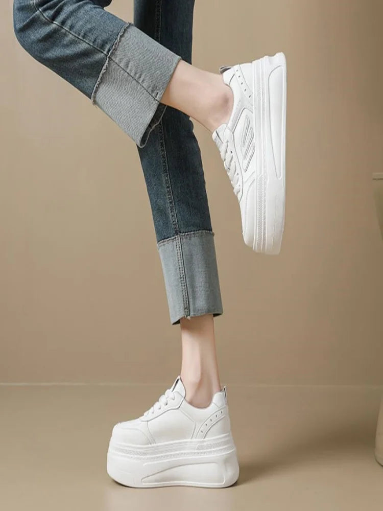 7cm Genuine Leather Women Casual Shoes Chunky Sneakers Skateboard Vulcanize Lady Comfy White Platform Wedge Hidden Heel 33-39