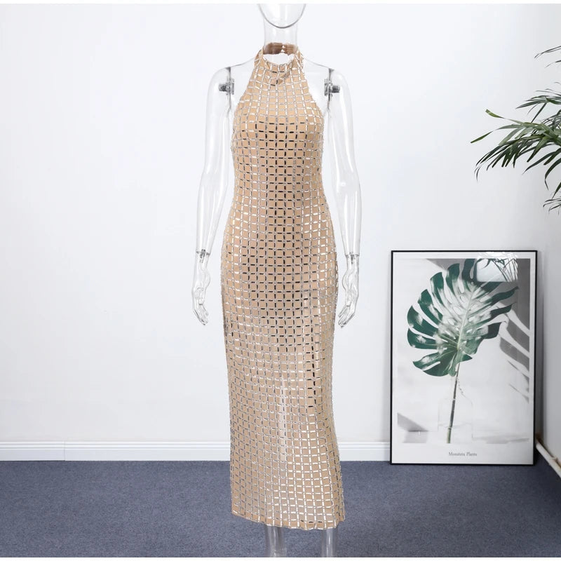 Luxury Diamonds Halter Long Dress Women Sexy Slim Sleeveless Backless Split Party Dresses 2026 Spring Summer Lady Evening Robes