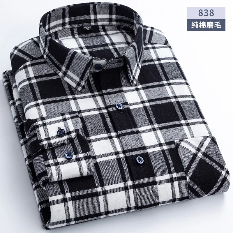 New Flannel Plaid Shirts For Man Winter Warm Cotton Long Sleeve Turn-down Collar Regular Fit Men's Clothing Casual Smart Shirts