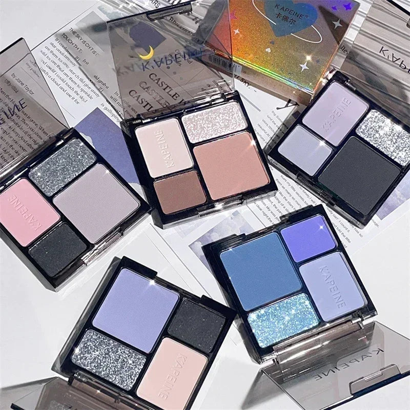 4-Color Glitter Blue Eyeshadow Palette Matte Pearl Shimmer Korean Acrylic Smoky Eye Shadow Palette Long Lasting Makeup Cosmetics