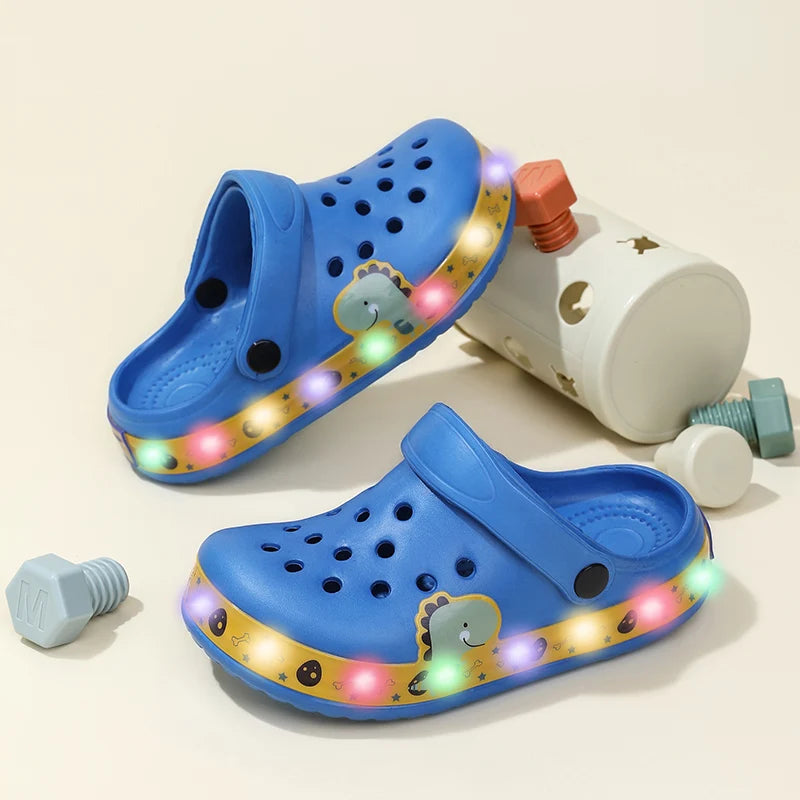 Kids' Light-Up Clogs Fun Cartoon Dinosaur Design Comfortable Slip-On Shoes with Glowing Soles Boy Clogs Summer Sandals