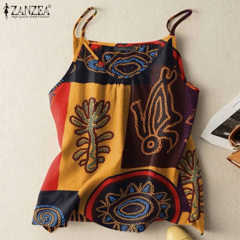Bohemian Tanks Tops ZANZEA Summer Floral Camis Women Vintage Holiday Beach Blouse Casual Spaghetti Strap Tees Loose Blusas Mujer