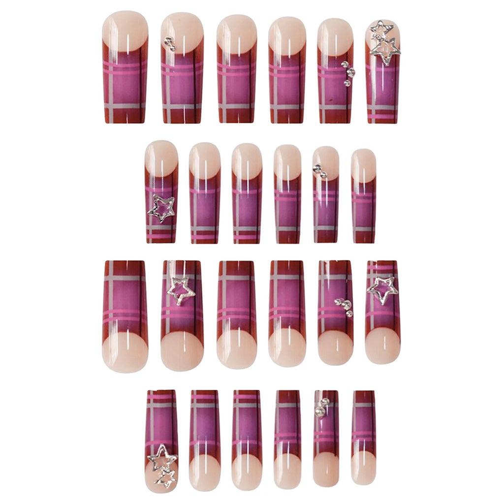 24Pcs Y2K Girls Long Coffin Press On Nails Purple Plaid Printed French Fake Nails Alloy Star Designs Charm Manicure for Women