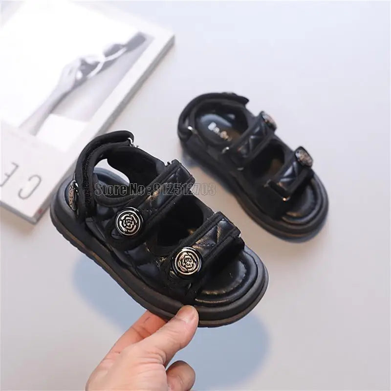 Children Summer Sandals Chic Girls Casual Solid Black Kids Fashion Princess Classic Flowers Buckle