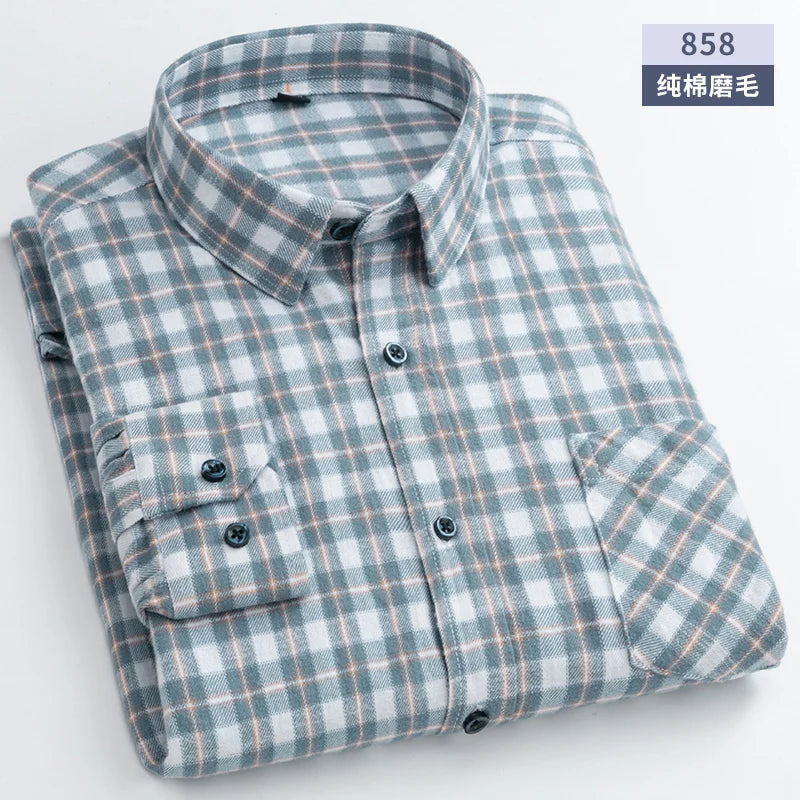 New Flannel Plaid Shirts For Man Winter Warm Cotton Long Sleeve Turn-down Collar Regular Fit Men's Clothing Casual Smart Shirts
