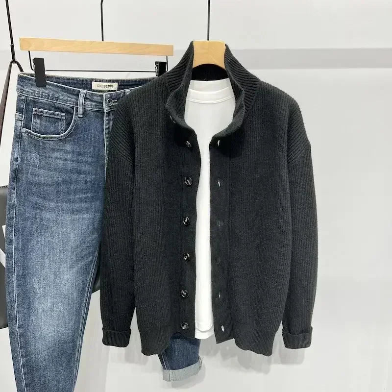 Knit Sweater Male Black Solid Color Cardigan Men's Clothing Plain Collared High Quality Replica Thick Winter Classic 90s Vintage