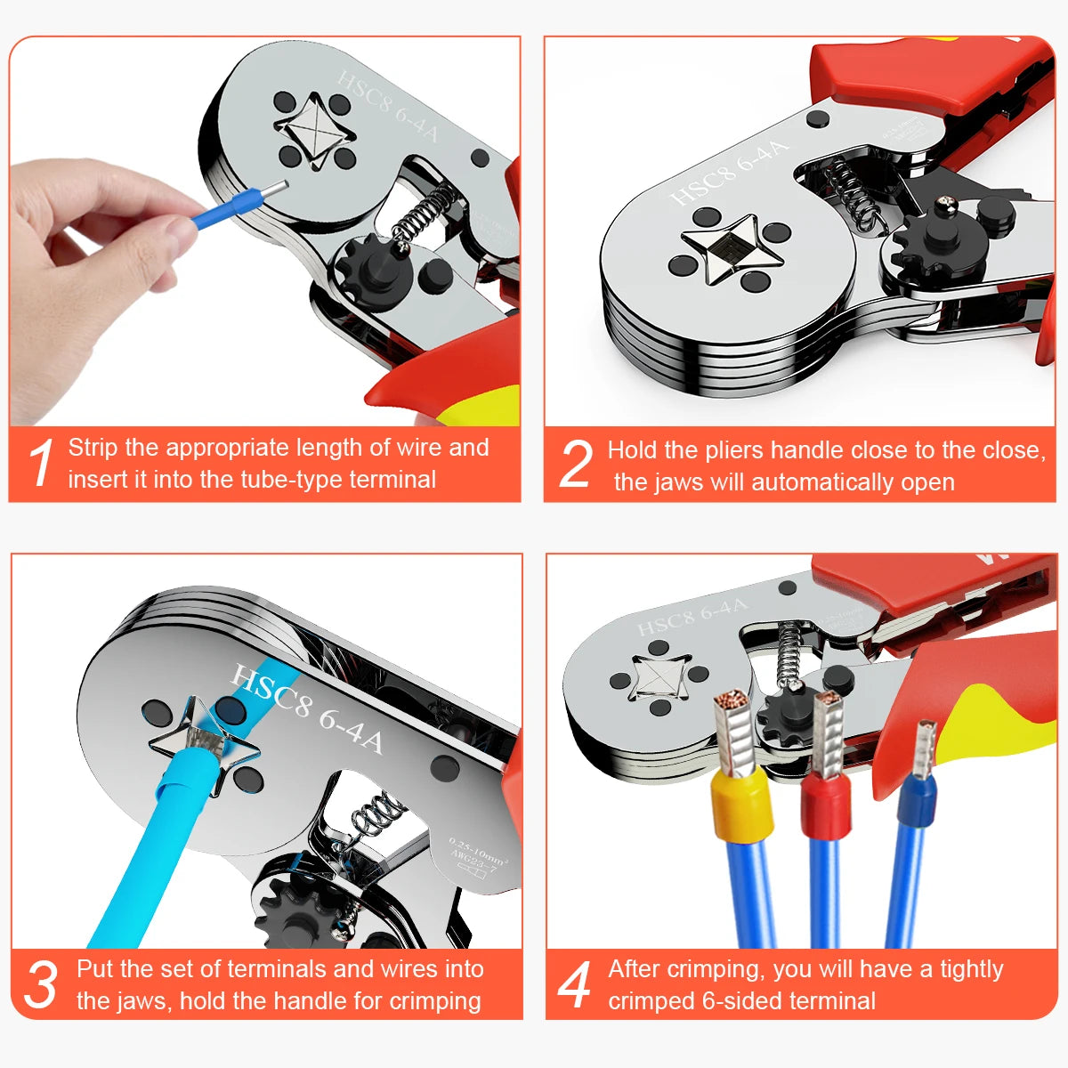 Tubular Terminal Crimper Kit 0.08-16mm² /0.25-10mm² HSC8 6-4/6-6/16-6 Electrical Crimping Pliers Clamp Sets Wire Tips Hand Tools