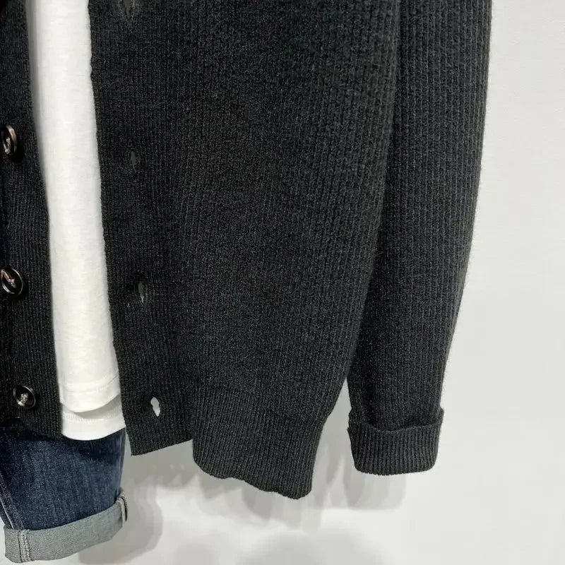 Knit Sweater Male Black Solid Color Cardigan Men's Clothing Plain Collared High Quality Replica Thick Winter Classic 90s Vintage