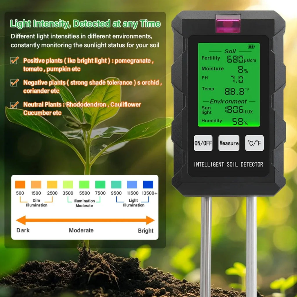 6 in 1 Soil Detector Soil Tester PH Temperature Humidity Sunlight Air Moisture Nutrient Fertility Meter Gardening Tool