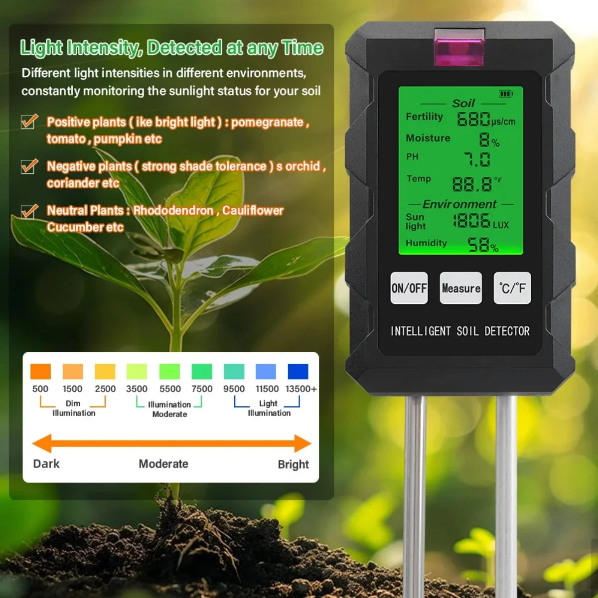6 in 1 Soil Detector Soil Tester PH Temperature Humidity Sunlight Air Moisture Nutrient Fertility Meter Gardening Tool