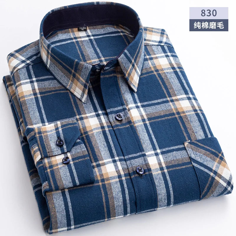 New Flannel Plaid Shirts For Man Winter Warm Cotton Long Sleeve Turn-down Collar Regular Fit Men's Clothing Casual Smart Shirts