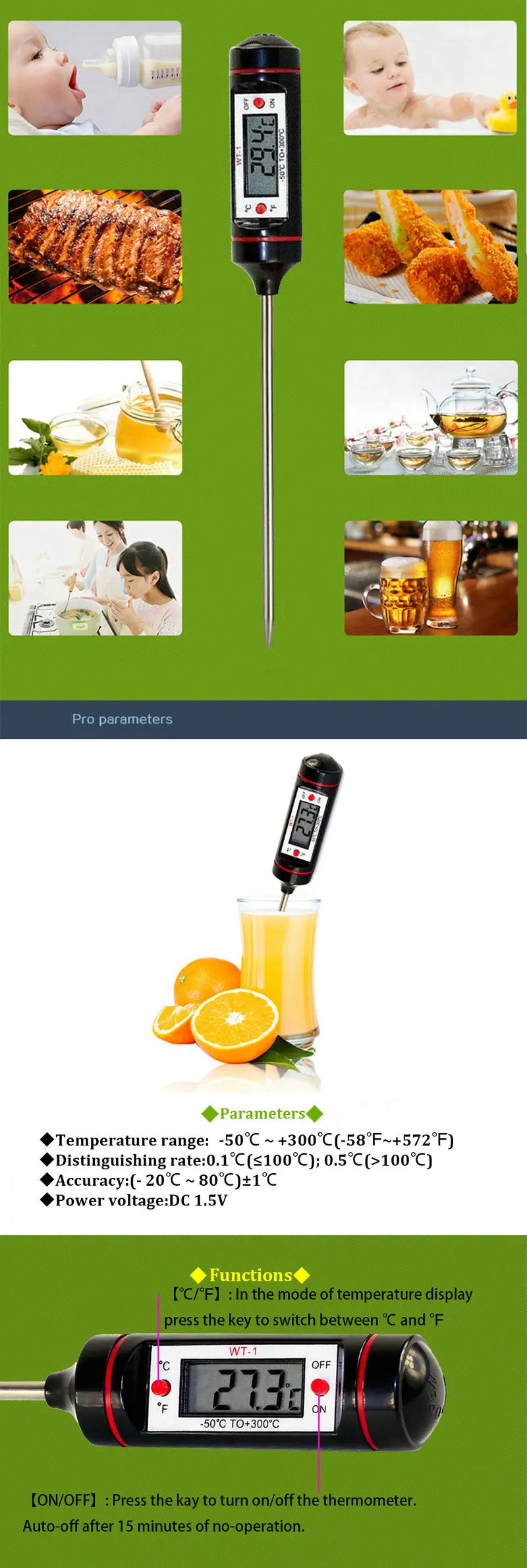 Portable Digital Kitchen Thermometer BBQ Meat Water Oil Cooking Electronic Probe Food Oven Thermometer WT-1 With Tube