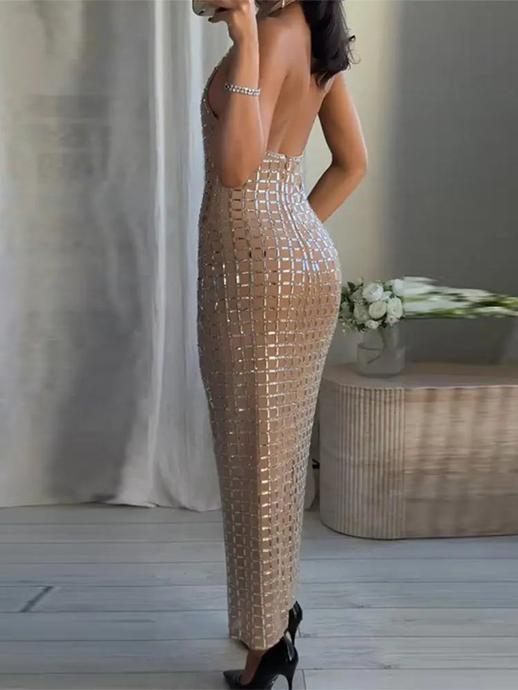 Luxury Diamonds Halter Long Dress Women Sexy Slim Sleeveless Backless Split Party Dresses 2026 Spring Summer Lady Evening Robes