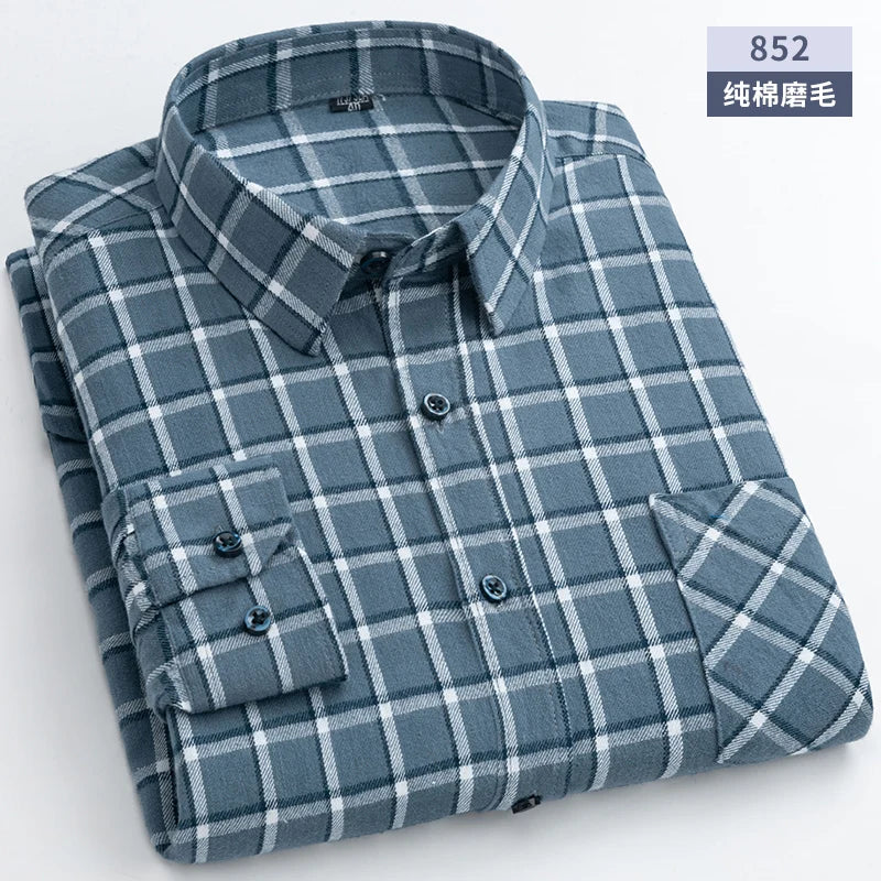 New Flannel Plaid Shirts For Man Winter Warm Cotton Long Sleeve Turn-down Collar Regular Fit Men's Clothing Casual Smart Shirts