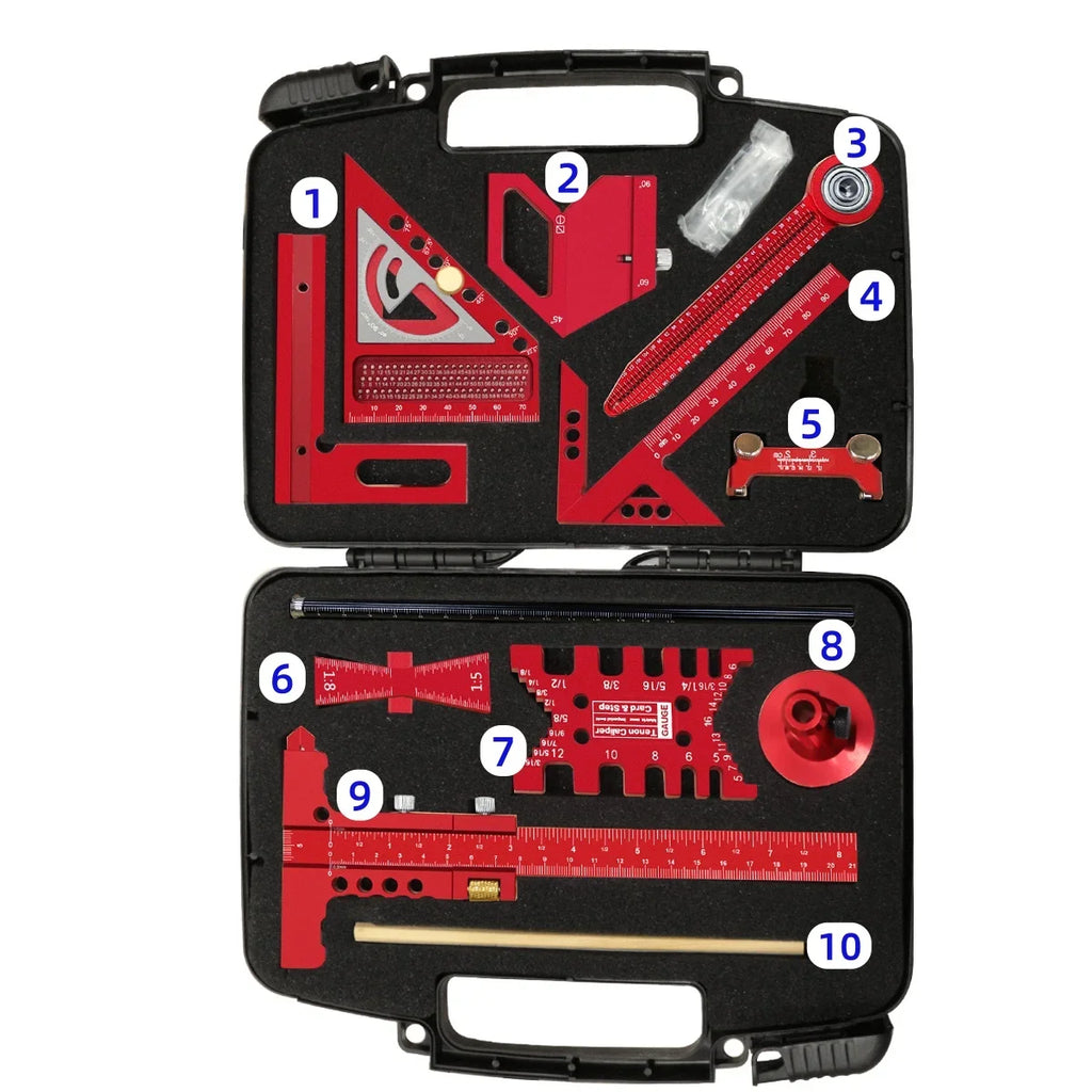 Woodworking Project Combination Set with Box, Including triangle ruler, Scriber, Tenon Gauge, Dovetail Gauge, Positioning Clamp