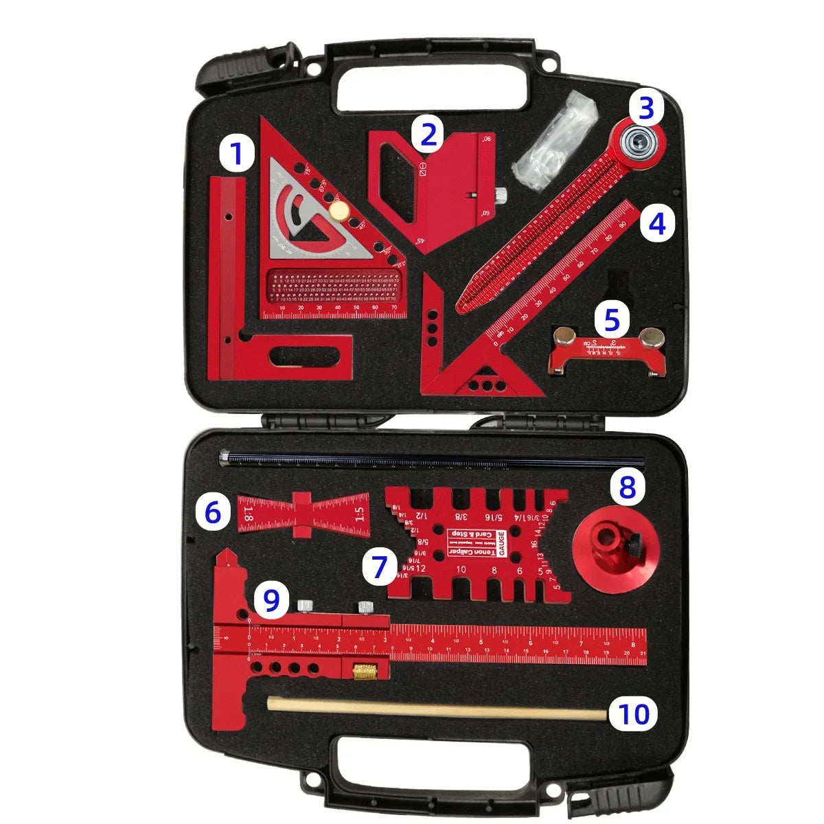 Woodworking Project Combination Set with Box, Including triangle ruler, Scriber, Tenon Gauge, Dovetail Gauge, Positioning Clamp