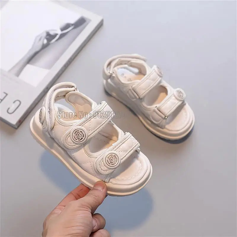 Children Summer Sandals Chic Girls Casual Solid Black Kids Fashion Princess Classic Flowers Buckle