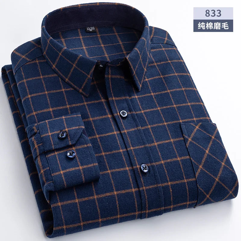 New Flannel Plaid Shirts For Man Winter Warm Cotton Long Sleeve Turn-down Collar Regular Fit Men's Clothing Casual Smart Shirts