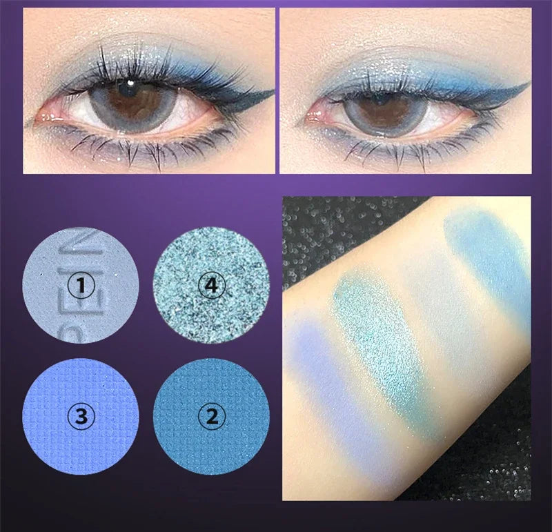 4-Color Glitter Blue Eyeshadow Palette Matte Pearl Shimmer Korean Acrylic Smoky Eye Shadow Palette Long Lasting Makeup Cosmetics