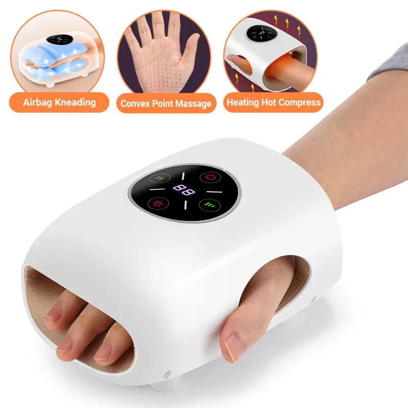 Portable Wireless Rechargeable Electric Hand Massager Hot Compress Air Pressure Compression Airbags Finger Palm Massage Features
