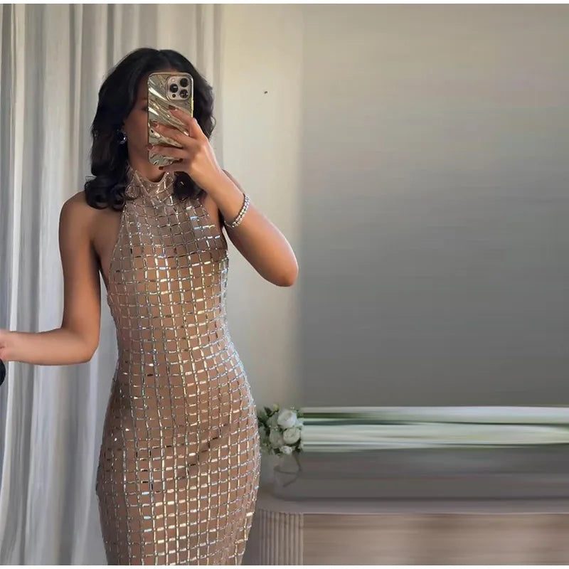 Luxury Diamonds Halter Long Dress Women Sexy Slim Sleeveless Backless Split Party Dresses 2026 Spring Summer Lady Evening Robes