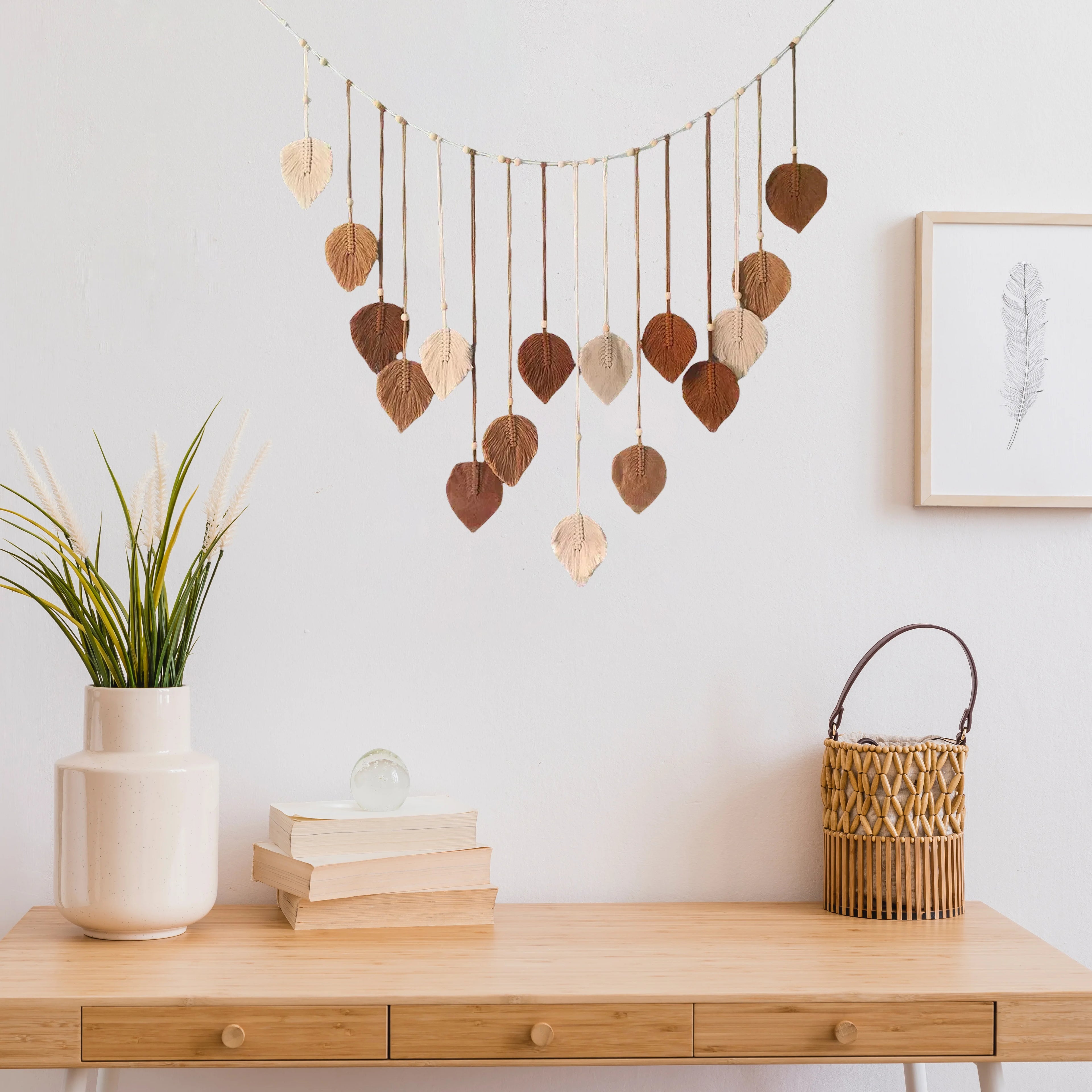 Home Decoration, Macrame Tapestry Macrame Leaf Feather Wall Hanging Decor for Living Room Bedroom, Wall Art Home Decor