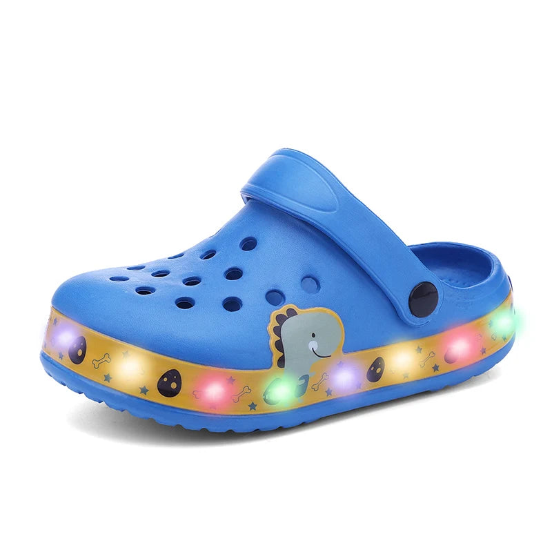Kids' Light-Up Clogs Fun Cartoon Dinosaur Design Comfortable Slip-On Shoes with Glowing Soles Boy Clogs Summer Sandals
