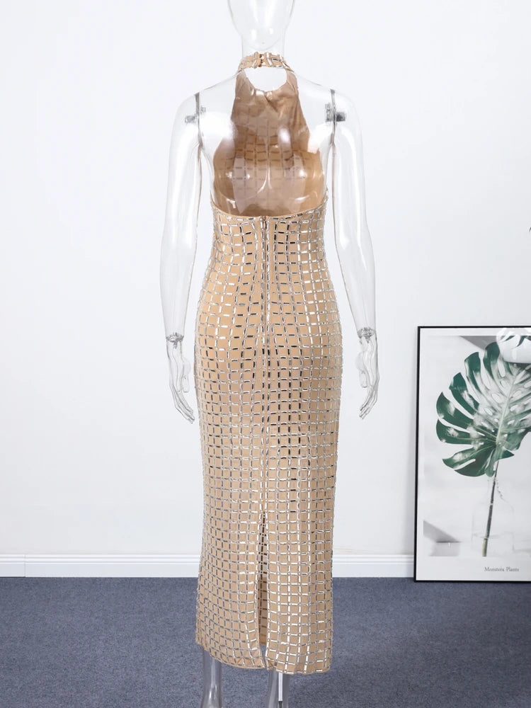 Luxury Diamonds Halter Long Dress Women Sexy Slim Sleeveless Backless Split Party Dresses 2026 Spring Summer Lady Evening Robes