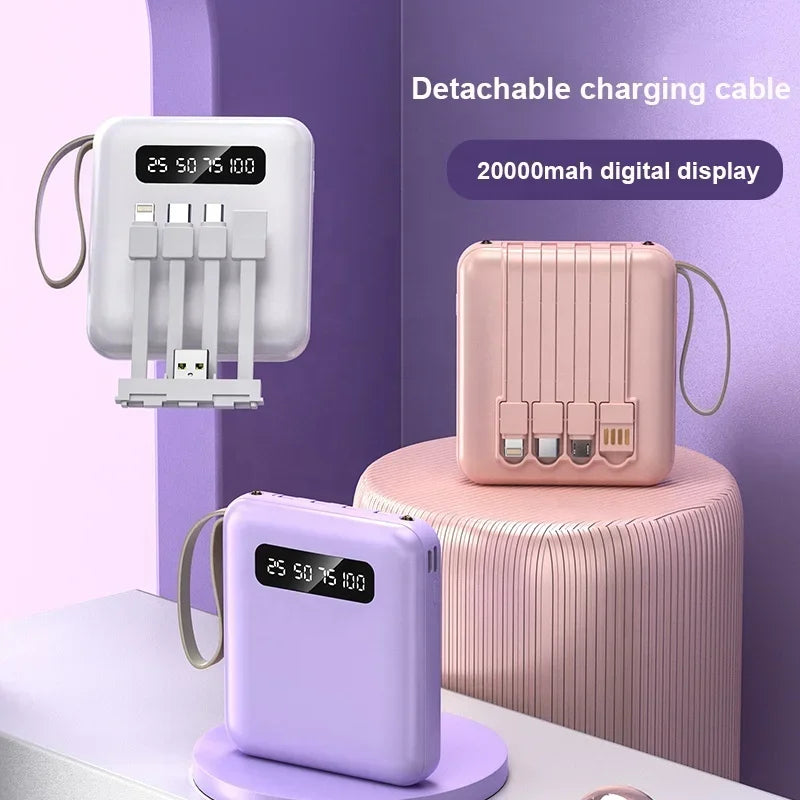 20000 10000mAh New Power Bank with 4 Charging Cables Mini Large Capacity Mirrored Power Bank Portable Fast Charging Powerbanks