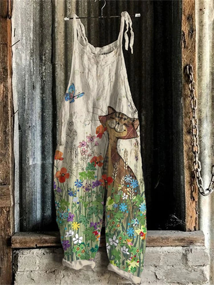 New Women Fun Cat Print Adjustable Strap Romper Autumn Wide Leg Romper Loose Casual Bib Overalls With Overalls Romper With Strap