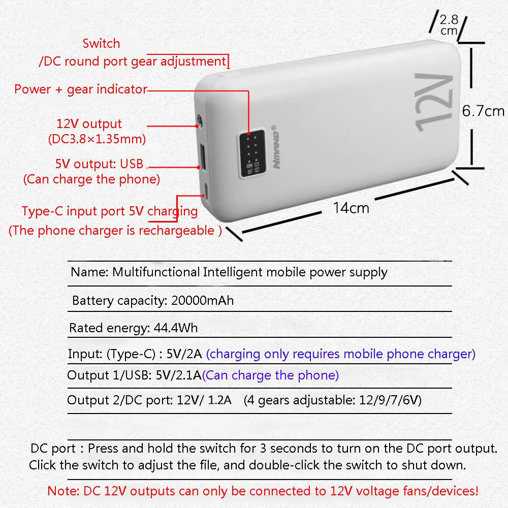 Power Bank 20000mah 12V DC Output Portable Battery External Charging Variable Speed Charger For iPhone Air Conditioned Clothing