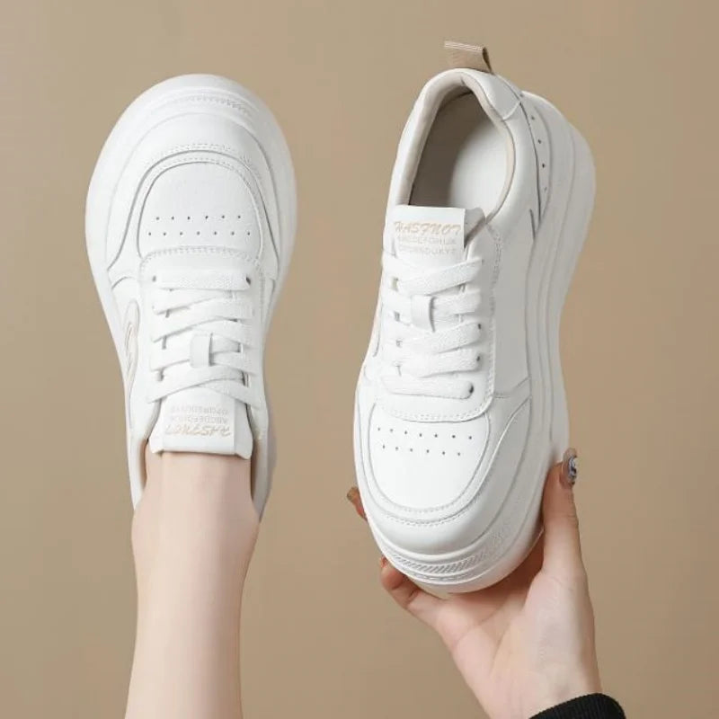7cm Genuine Leather Women Casual Shoes Chunky Sneakers Skateboard Vulcanize Lady Comfy White Platform Wedge Hidden Heel 33-39