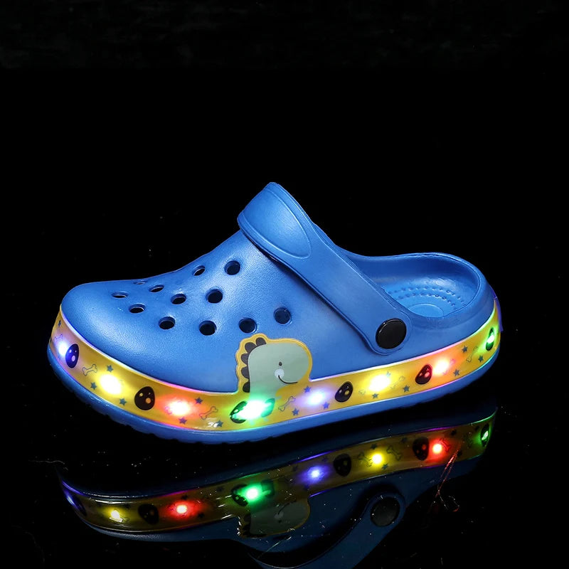 Kids' Light-Up Clogs Fun Cartoon Dinosaur Design Comfortable Slip-On Shoes with Glowing Soles Boy Clogs Summer Sandals