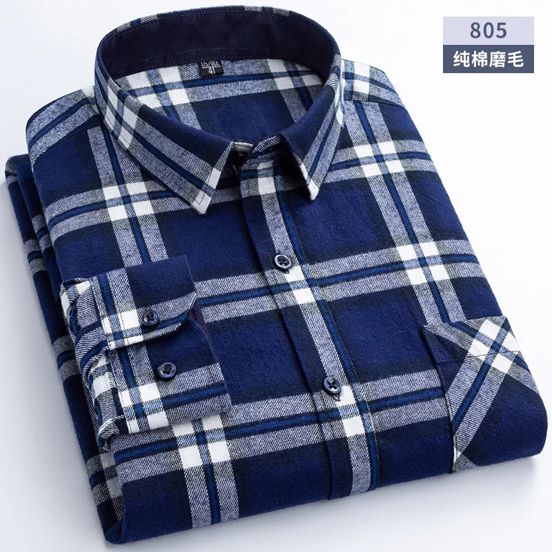 New Flannel Plaid Shirts For Man Winter Warm Cotton Long Sleeve Turn-down Collar Regular Fit Men's Clothing Casual Smart Shirts