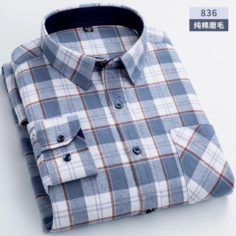 New Flannel Plaid Shirts For Man Winter Warm Cotton Long Sleeve Turn-down Collar Regular Fit Men's Clothing Casual Smart Shirts