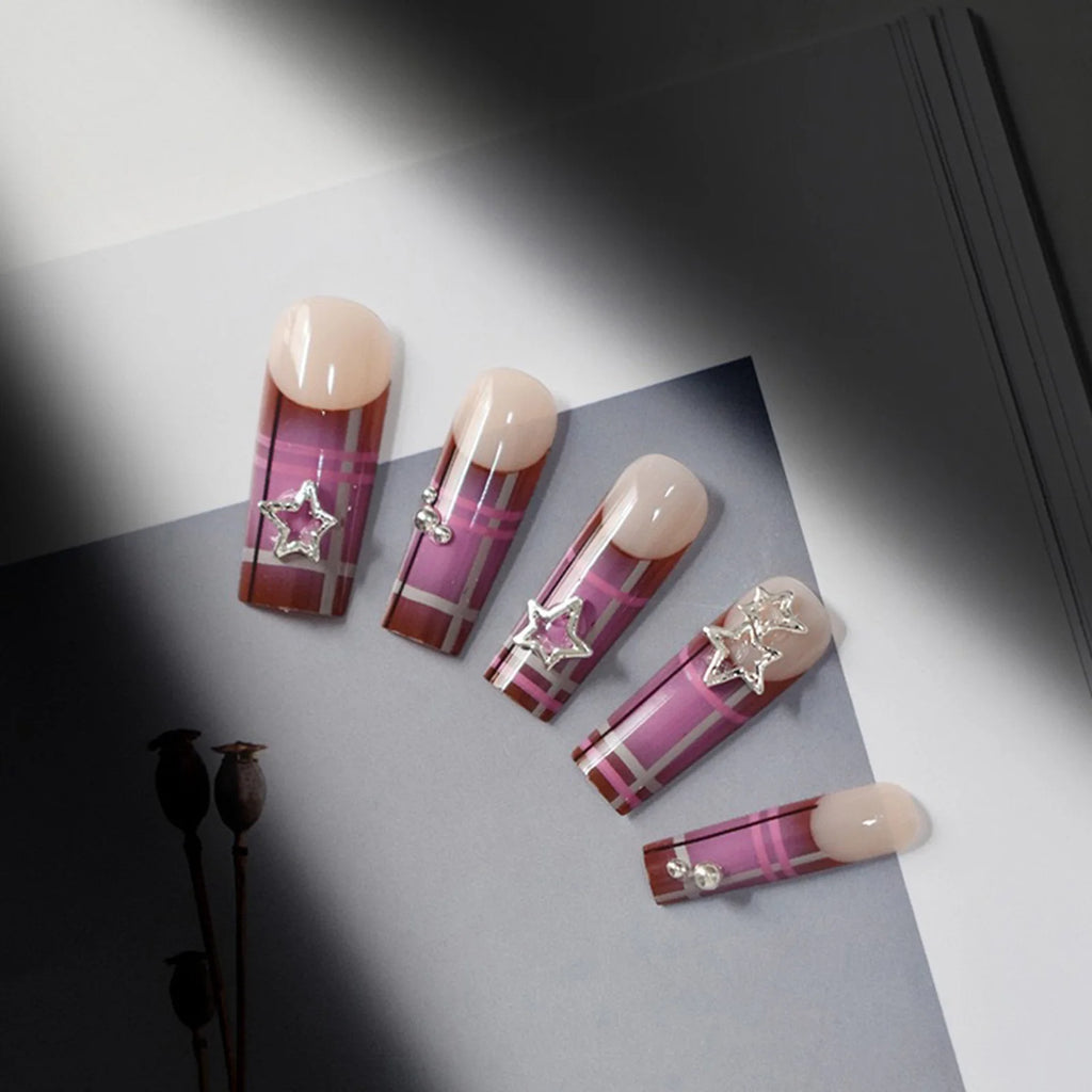 24Pcs Y2K Girls Long Coffin Press On Nails Purple Plaid Printed French Fake Nails Alloy Star Designs Charm Manicure for Women