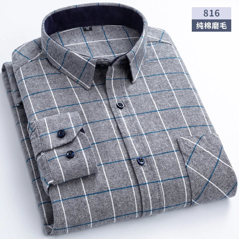 New Flannel Plaid Shirts For Man Winter Warm Cotton Long Sleeve Turn-down Collar Regular Fit Men's Clothing Casual Smart Shirts
