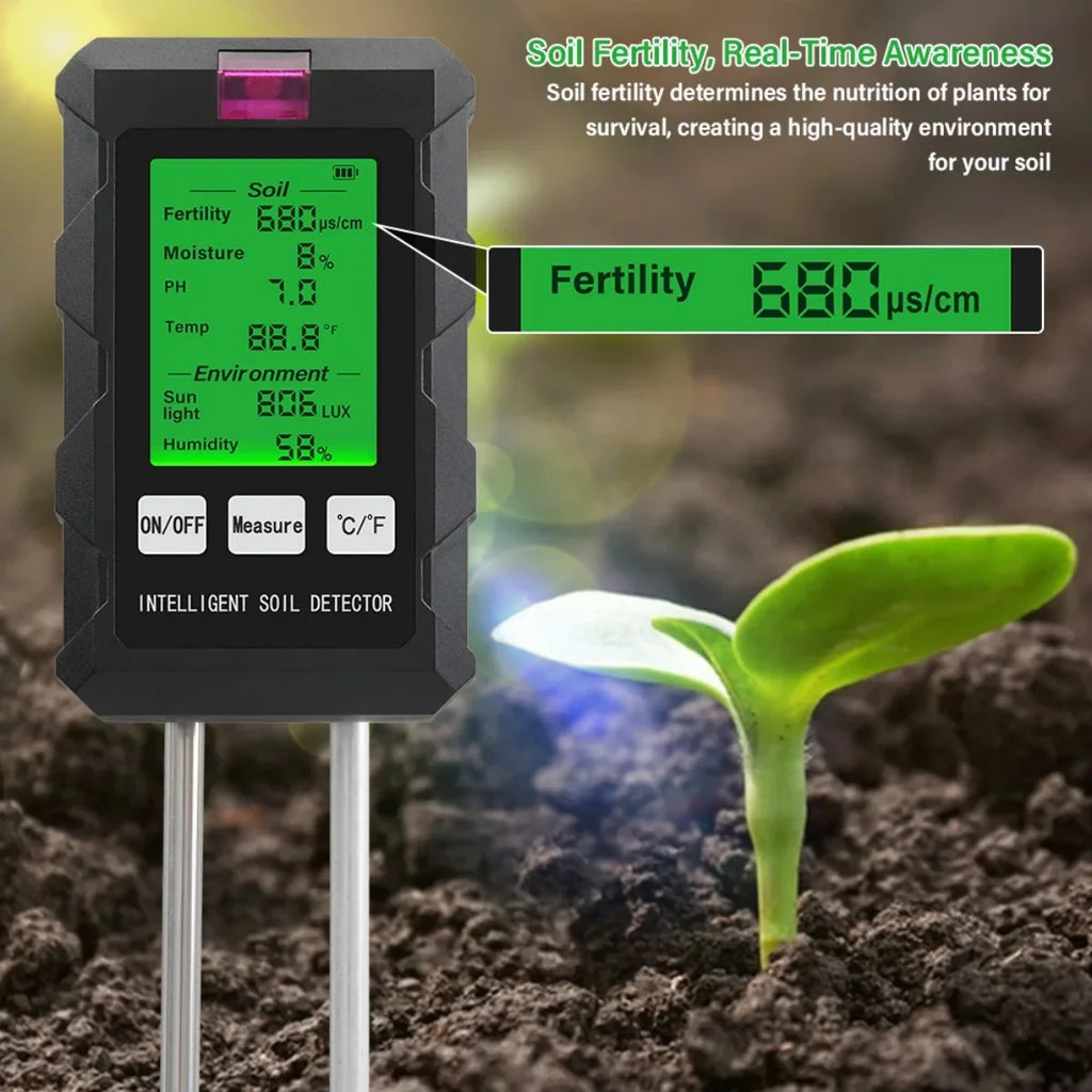 6 in 1 Soil Detector Soil Tester PH Temperature Humidity Sunlight Air Moisture Nutrient Fertility Meter Gardening Tool