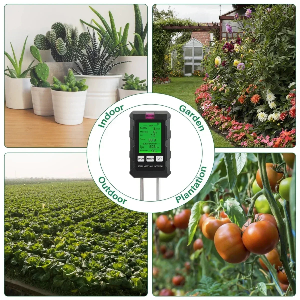 6 in 1 Soil Detector Soil Tester PH Temperature Humidity Sunlight Air Moisture Nutrient Fertility Meter Gardening Tool