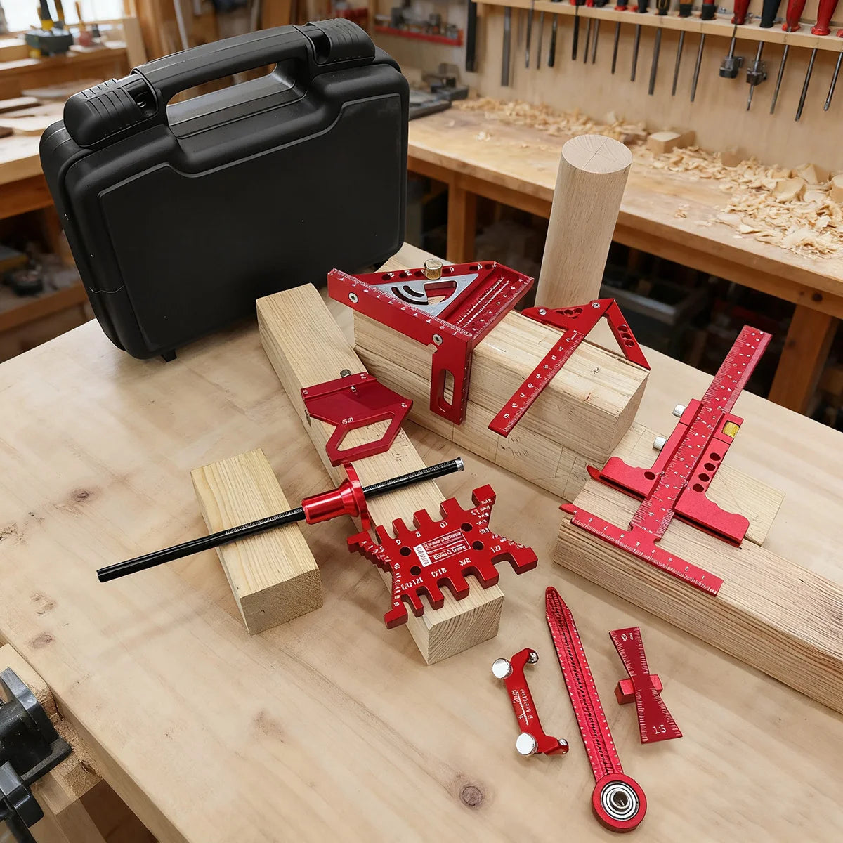 Woodworking Project Combination Set with Box, Including triangle ruler, Scriber, Tenon Gauge, Dovetail Gauge, Positioning Clamp