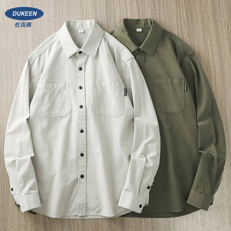 DUKEEN Pure Cotton Shirts for Men Spring Autumn Vintage Long Sleeve Solid Color Blouse Pocket Work Wear Casual Men's Clothing