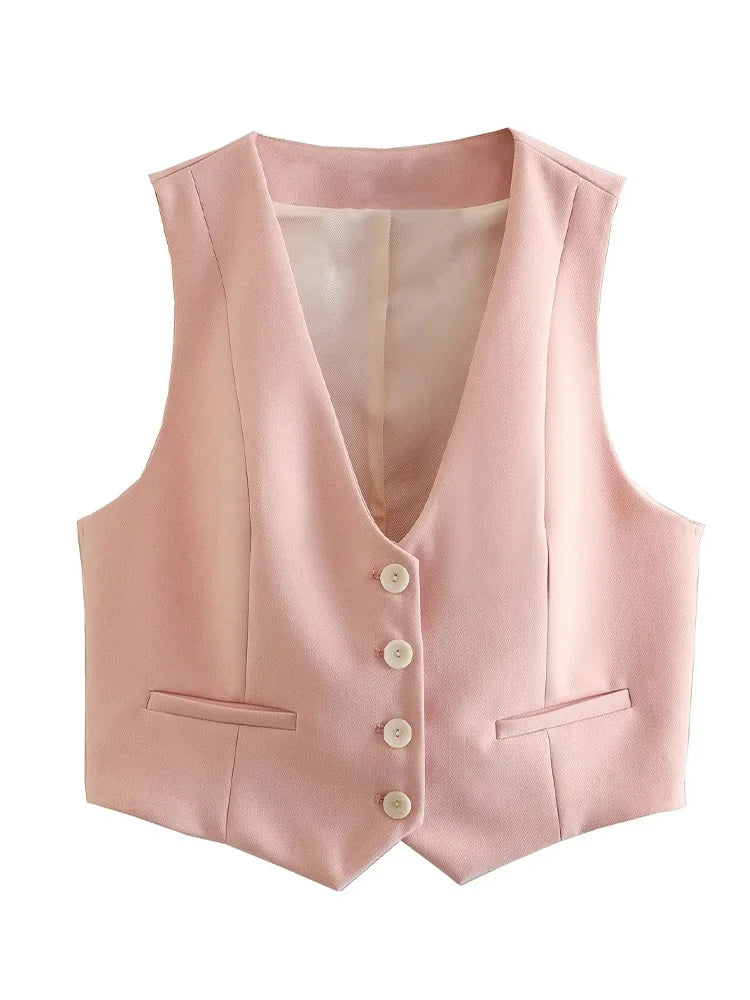 Willshela Women Fashion Two Piece Set Pink Tank Tops & Straight Leg Pants Vintage V-Neck Single Breasted Female Chic Pants Suit