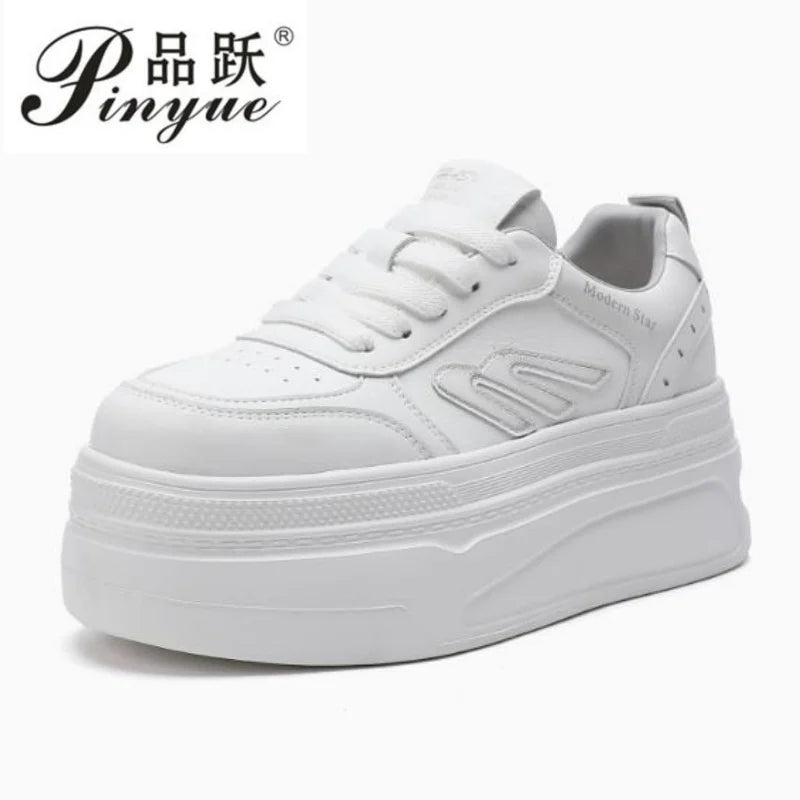 7cm Genuine Leather Women Casual Shoes Chunky Sneakers Skateboard Vulcanize Lady Comfy White Platform Wedge Hidden Heel 33-39