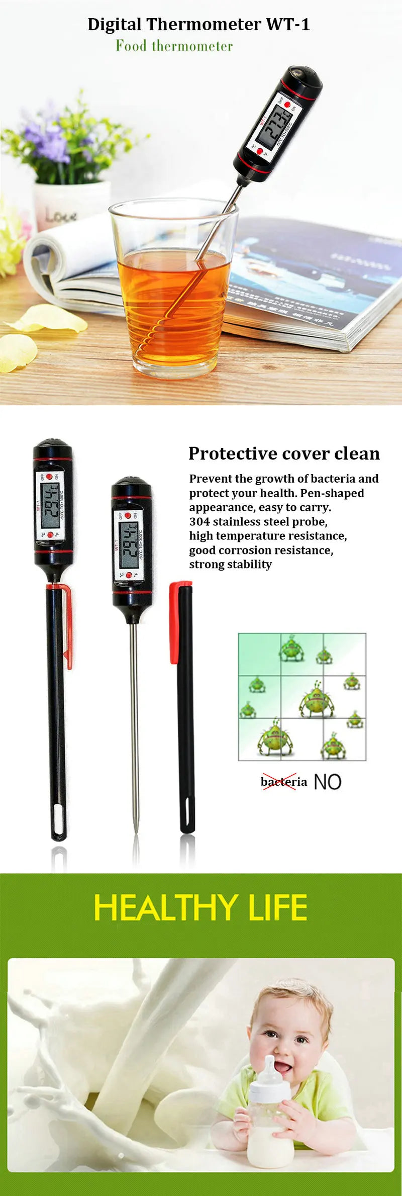 Portable Digital Kitchen Thermometer BBQ Meat Water Oil Cooking Electronic Probe Food Oven Thermometer WT-1 With Tube