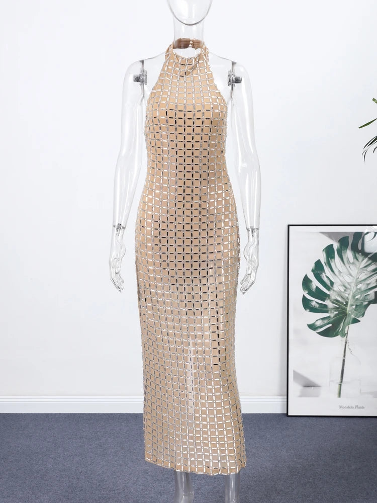 Luxury Diamonds Halter Long Dress Women Sexy Slim Sleeveless Backless Split Party Dresses 2026 Spring Summer Lady Evening Robes